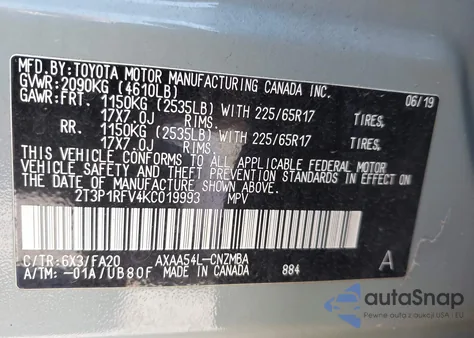 2019 Toyota Rav4 Xle из США, поврежденный, VIN 2T3P1RFV4KC019993